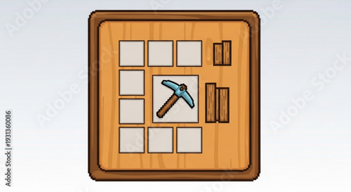 Pixel art game board with pickaxe icon on wooden panel empty squares for mining or crafting digital illustration