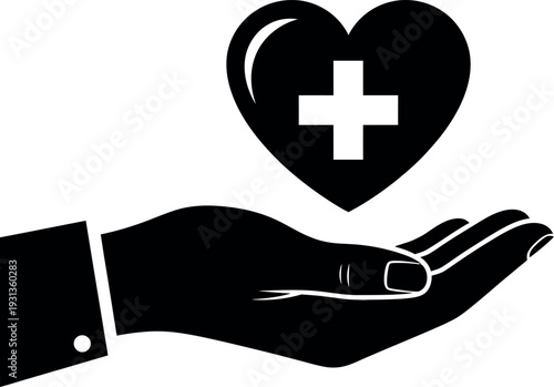 Health care and medical support symbol with heart and hand