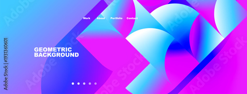 Abstract geometric background. Vibrant blue, pink hues create modern design. Navigation menu present, simple text labels.