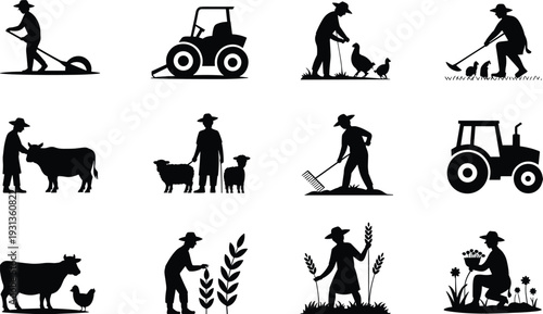 Agriculture and farmer silhouette collection with tractor livestock crops and rural farming activities isolated on white background black vector illustration