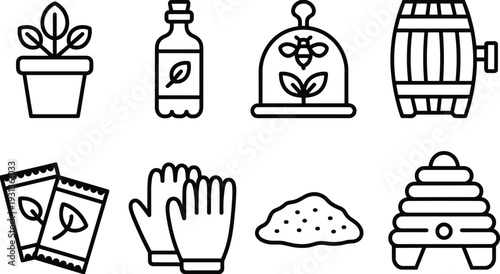 Black and white line icon set of eight gardening and beekeeping elements, plants, seeds, gloves, soil, bees, hive, barrel vector design