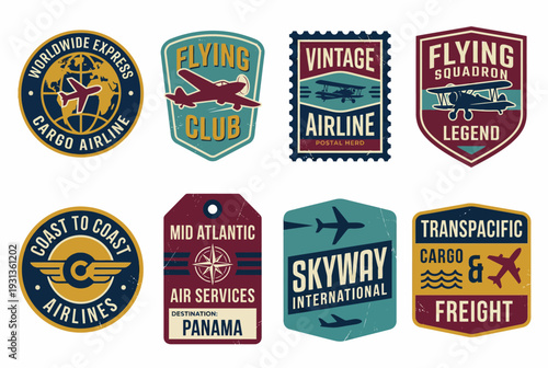 Vintage Aviation and Airline Badge Set with Retro Flying Club Emblems Cargo Airline Logos and Mid-Atlantic Air Service Labels Vector Illustration Collection