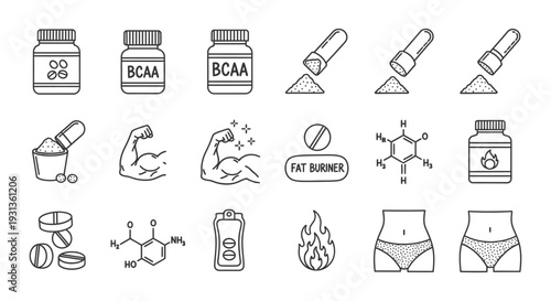fitness supplements and body transformation icons vector set featuring workout products fat burners and muscle growth concepts