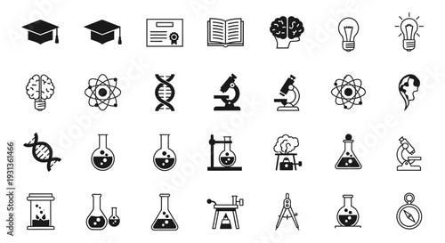 flat design science and education icons illustrating core concepts of knowledge research learning and academic studies.