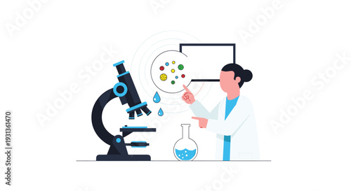 A scientist in a lab coat points at colorful microbes in a magnified circular frame next to a blue microscope and a flask with blue liquid, Generative AI.