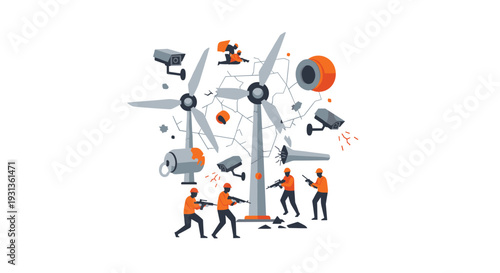 Five armed figures in orange uniforms stand around two damaged wind turbines with scattered security cameras and mechanical parts on a white background, Generative AI.
