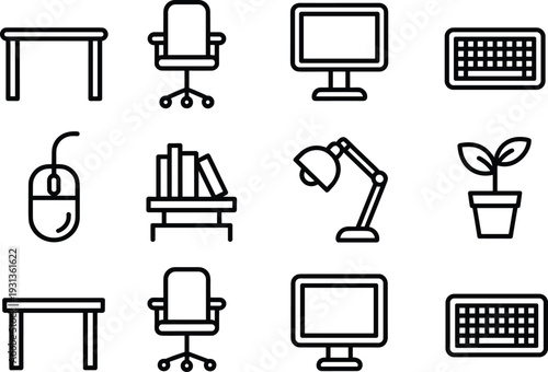 Black silhouette icon set of twelve office and workspace items, desk, chair, computer, keyboard, mouse, lamp, bookshelf, plant vector design