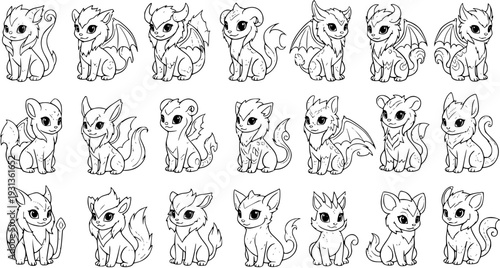 Cute Cartoon Dragon Set: Adorable Line Art Illustration