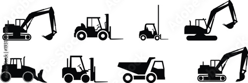 Black silhouette illustration set of eight construction and industrial vehicles, excavator, forklift, bulldozer, dump truck, pallet jack, heavy machinery vector design