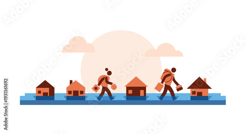 Two individuals with backpacks are walking through a street where houses are partially submerged in floodwaters under a large orange sun, Generative AI.