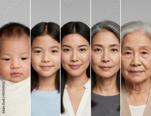 Female ages. Photo collage of same asian woman at five life stages from newborn to elderly, vertical studio portraits, soft gray background. AI generative