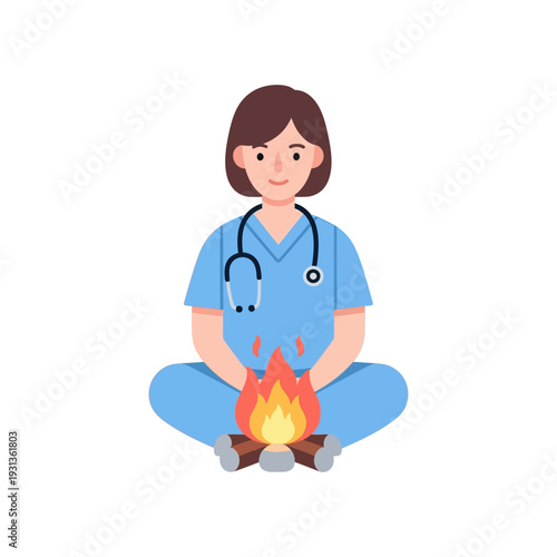 Nurse Sitting Campfire Commercial Illustration