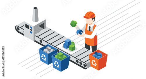 A factory worker in an orange apron is sorting colorful cubic blocks into three distinct recycling bins on a conveyor belt in a processing facility, Generative AI.
