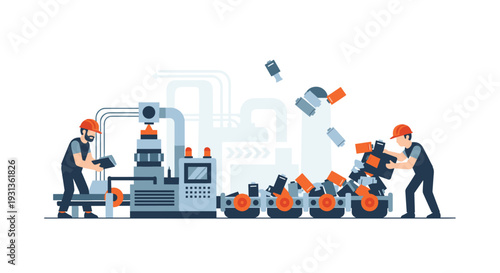 Two factory workers in hard hats are actively managing an industrial assembly line with machinery and conveyor belts in a manufacturing plant, Generative AI.