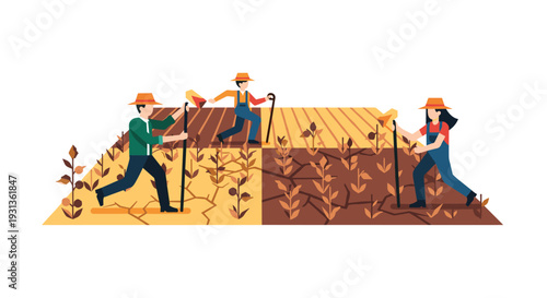 Three cartoon farmers two men and one woman are shown working on a drought-stricken cracked agricultural field under a bright sky, Generative AI.