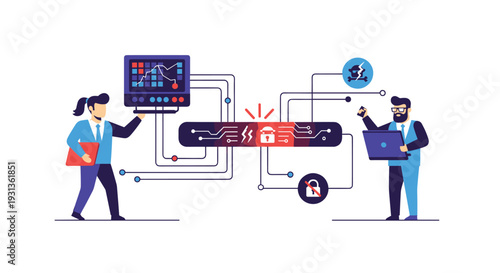 A flat illustration portrays a woman holding a screen and a man with a laptop both interacting with a central broken digital circuit featuring a red lock icon, Generative AI.