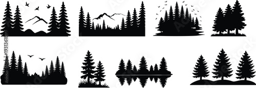 Black silhouette illustration set of eight forest landscapes, pine trees, birds, mountains, grass, water reflection, wilderness outdoor nature vector design