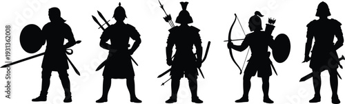 Black silhouette illustration set of five ancient warriors, diverse weapons and armor, spears, shields, bows, swords, historical combat vector design