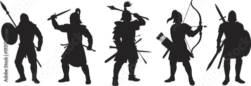 Black silhouette illustration set of five ancient and medieval warriors, diverse weapons and armor, spears, shields, swords, axes, bows vector design