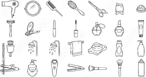 Bathroom and Beauty Items Doodles: Hand-Drawn Vector Icons of Hygiene, Cosmetics, and Tools for Personal Care  Grooming
