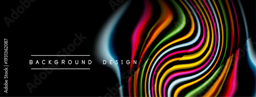 Abstract colorful lines form dynamic wave pattern. Black background emphasizes vibrant hues, creating modern design element.