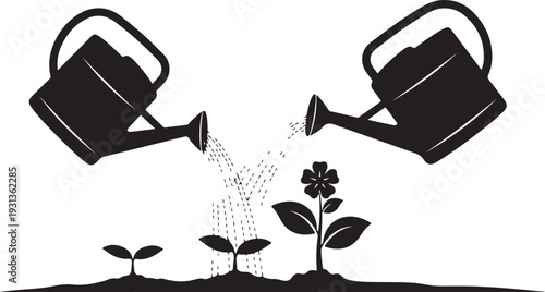 Black silhouette of watering cans nurturing small plants growing