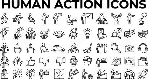 Human activities and actions line icon collection in black outline style