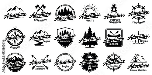 Outdoor Adventure and Expedition Emblem Set with Mountain Peaks Compass Camping Tent and Nautical Symbols Vintage Black and White Vector Logos