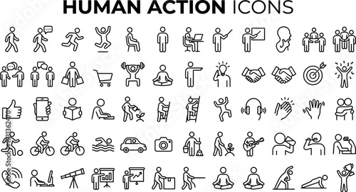 Comprehensive human activities and daily actions icon collection in outline style

