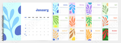 2027 Calendar Template. Colorful abstract leaves 2027 calendar layout. Floral style wall diary planner calendar with botanical shapes and Sunday 