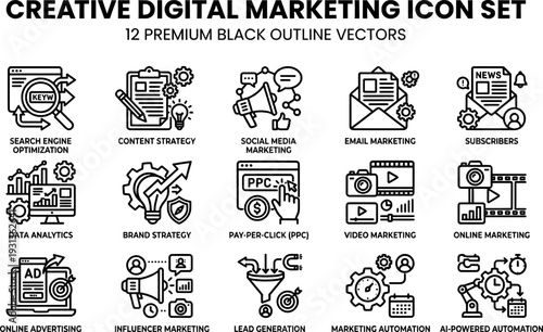 Creative digital marketing strategy icon set with SEO social media and analytics symbols
