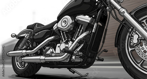Close up of a powerful black motorcycle engine and chrome details.