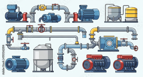 Industrial plumbing system with pumps and valves illustration.