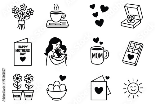 Black and white line art illustrations of love and relationships