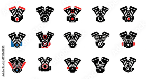 Collection of Motorcycle V-Twin Engines in Various Colors.