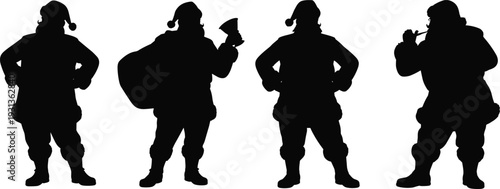 Black silhouette vector illustrations of Santa Claus in festive poses with sack, bell, and candy cane for Christmas holiday themes.