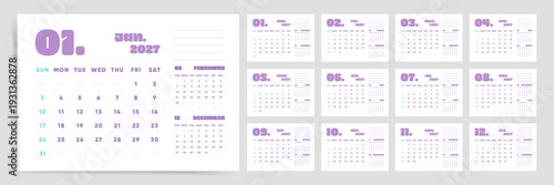 2027 Calendar Template To Do Calendar, 2027 Calendar Desk Planner Minimal Pastel Layout Vector
