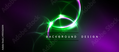 Vibrant abstract design. Green, purple glows create dynamic energy. Dark background emphasizes bright swirls, lines. Modern aesthetic.