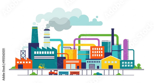 Colorful industrial factory complex with smoking chimneys and pipes.