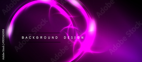 Abstract purple neon glow. Circular shapes radiate from center, creating dynamic background design. Dark space surrounds bright elements.
