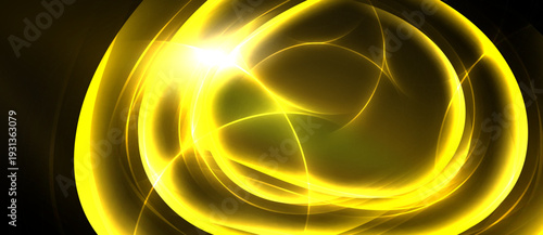 Bright yellow energy swirls, radiating light. Abstract design evokes power, motion, dynamic visual impact. Dark background emphasizes luminosity.