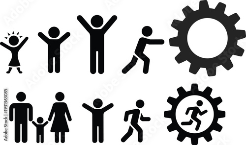 Black and white of people in various poses and activities with gears figures