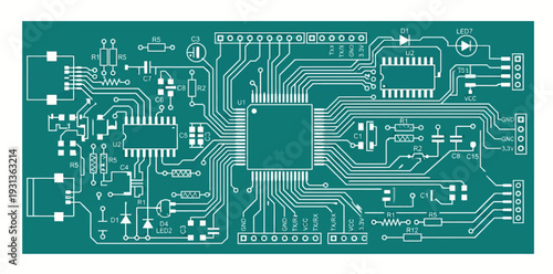 Detailed PCB Layout Design with Microchip Processor Resistors and Integrated Circuits Green High Tech Electronic Circuit Board Vector Illustration