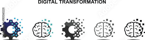 Digital transformation concept with gears and brains transforming into digital pixels