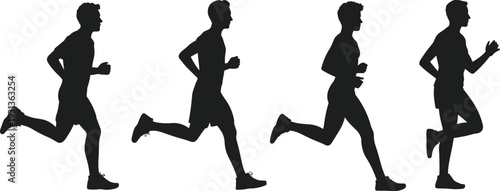 Four black silhouette runners in mid-stride on a white background running silhouettes