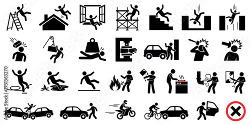 Workplace and Home Safety Accident Pictogram Set with Warning Signs for Falls Fire Electrical Hazards and Vehicle Collisions Black Stick Figure Icon Collection