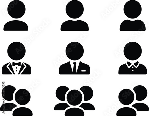 Nine black and white of people and groups in different outfits and poses silhouettes