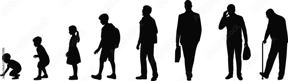 Fototapeta premium Silhouettes of people from childhood to old age in black and white youth elderly