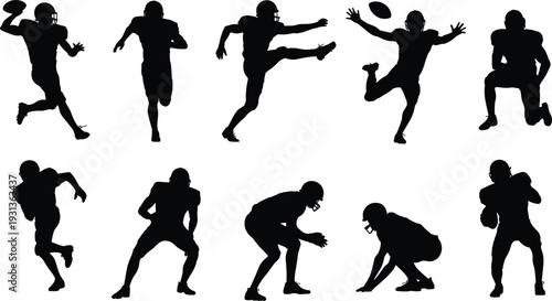 Silhouettes of football players in various action poses running