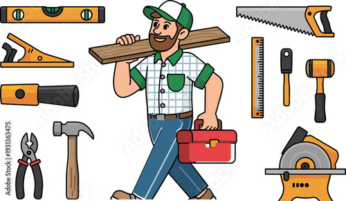 Carpenter walking with wooden plank and toolbox surrounded by woodworking tools set, flat vector handyman illustration isolated on white background